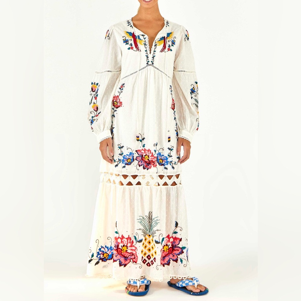 FARM Rio Macaw Cross Stitch Embroidered Maxi Dress